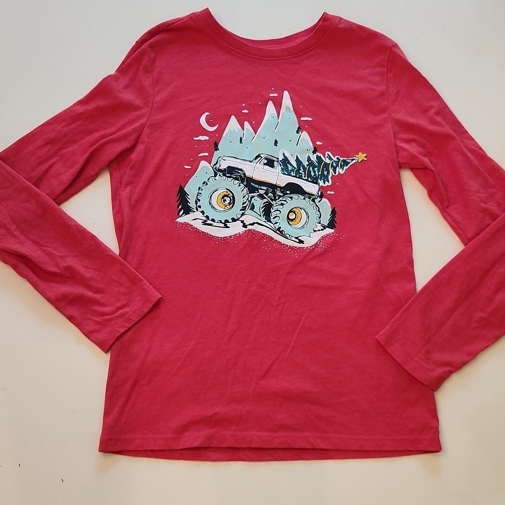 Cat & Jack Monster Truck Christmas Long Sleeve Graphic Shirt Red Large 12-14